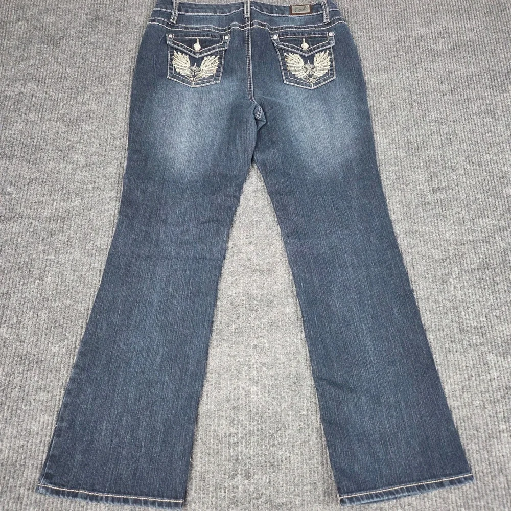 Earl Jean Women 12 Dark Wash Bootcut Rhinestone Wing Embroidered Pocket Jeans